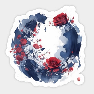 Red Roses and Paint Japanese Ink Painting Sticker